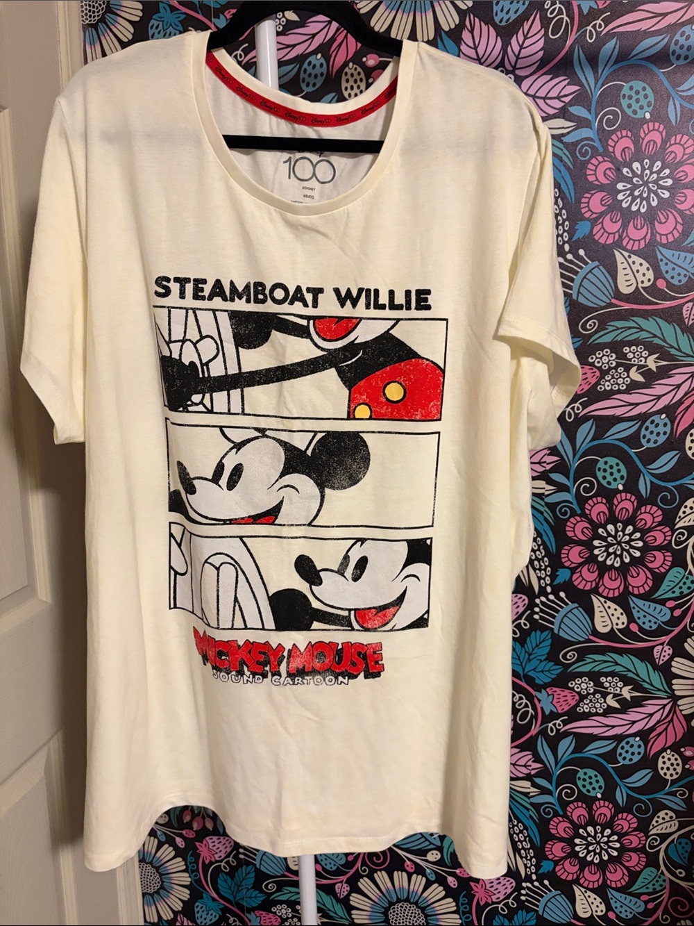 Disney Cream Steamboat Willie Graphic Tee with Black and Red Accents